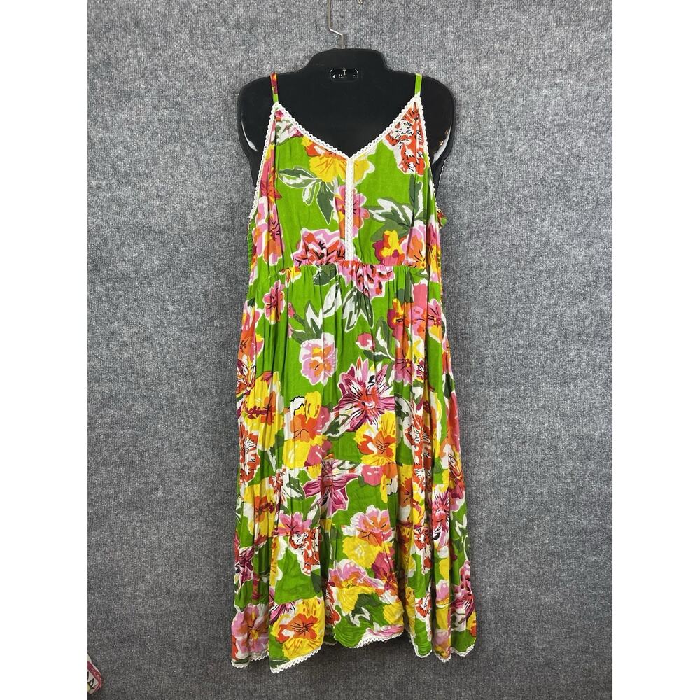Women’s vibrant green and multicolored floral midi dress‎ tiered skirt Size XXL